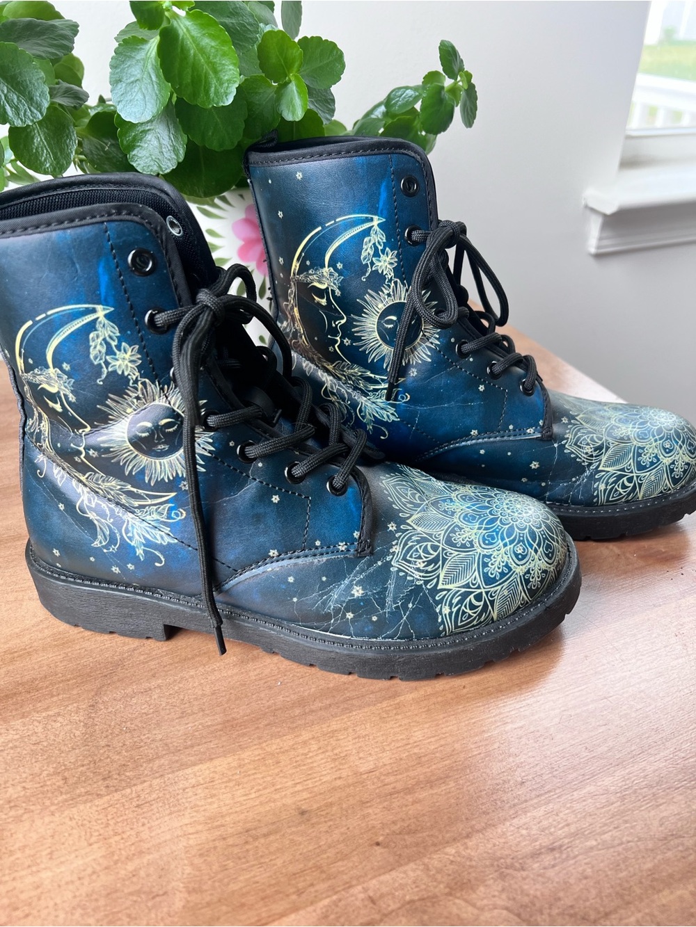 Yes We Vibe Celestial Moon Combat Boots in Deep Teal Blue Size 38